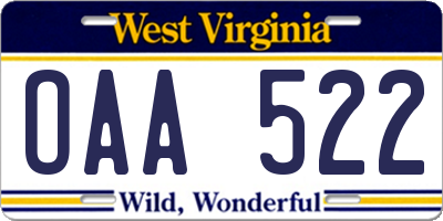 WV license plate OAA522