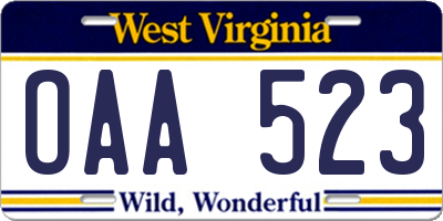 WV license plate OAA523