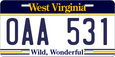 WV license plate OAA531