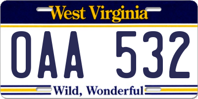 WV license plate OAA532