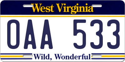 WV license plate OAA533