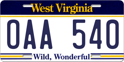 WV license plate OAA540
