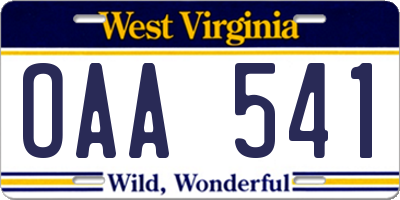 WV license plate OAA541