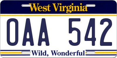 WV license plate OAA542