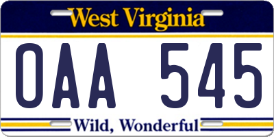 WV license plate OAA545