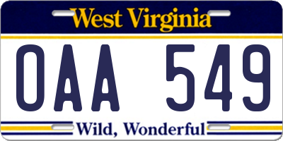 WV license plate OAA549