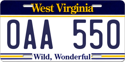 WV license plate OAA550