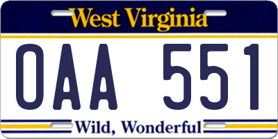 WV license plate OAA551