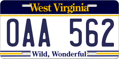 WV license plate OAA562