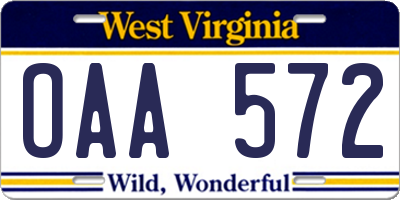 WV license plate OAA572