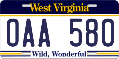 WV license plate OAA580