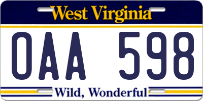 WV license plate OAA598