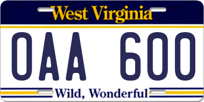 WV license plate OAA600