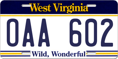WV license plate OAA602