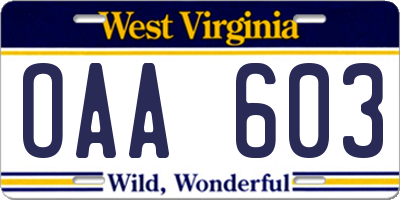 WV license plate OAA603