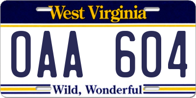 WV license plate OAA604