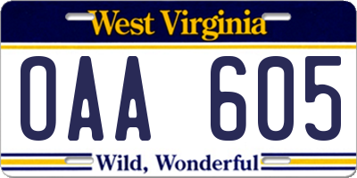 WV license plate OAA605