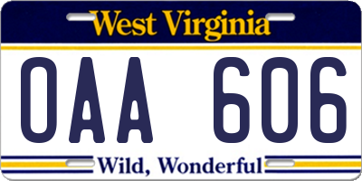 WV license plate OAA606