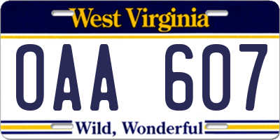 WV license plate OAA607