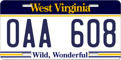 WV license plate OAA608
