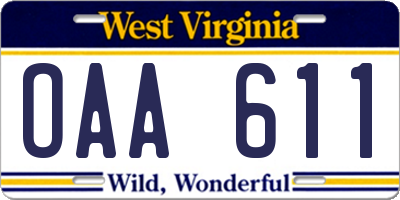 WV license plate OAA611