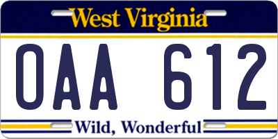 WV license plate OAA612