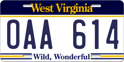 WV license plate OAA614