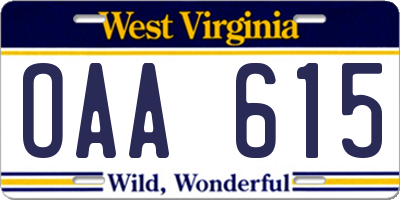 WV license plate OAA615