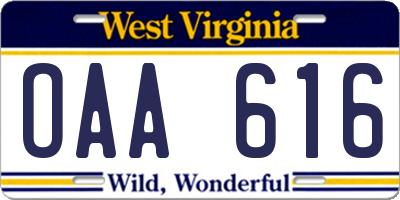 WV license plate OAA616