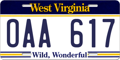 WV license plate OAA617