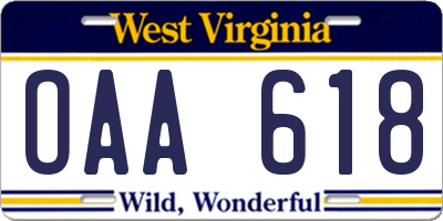 WV license plate OAA618