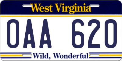 WV license plate OAA620