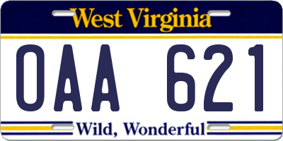 WV license plate OAA621