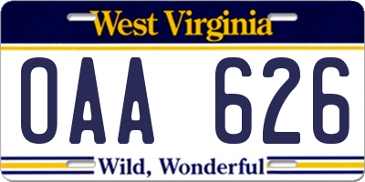 WV license plate OAA626