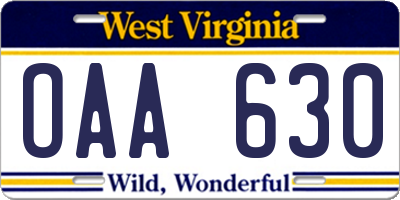 WV license plate OAA630