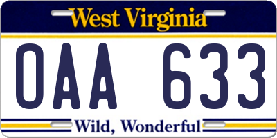 WV license plate OAA633