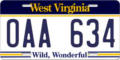 WV license plate OAA634