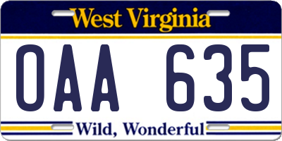 WV license plate OAA635