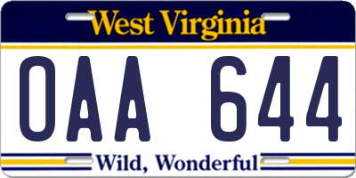 WV license plate OAA644