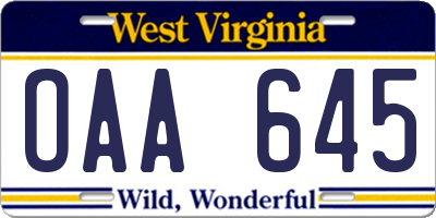 WV license plate OAA645