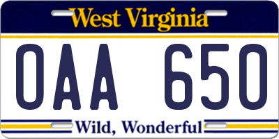 WV license plate OAA650