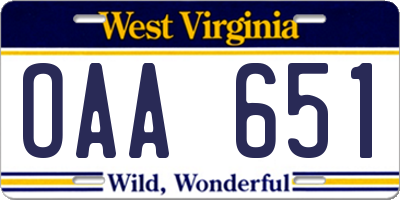 WV license plate OAA651