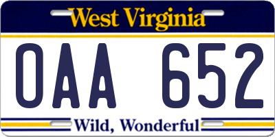 WV license plate OAA652