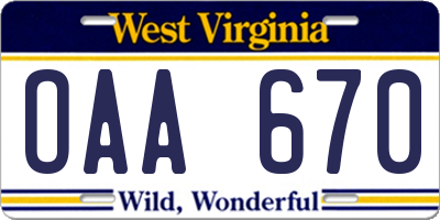 WV license plate OAA670