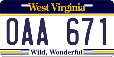 WV license plate OAA671