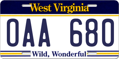 WV license plate OAA680
