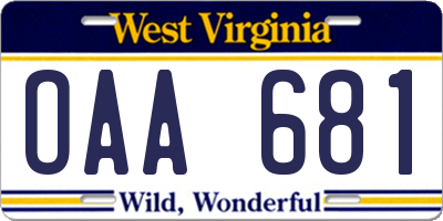 WV license plate OAA681
