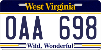 WV license plate OAA698