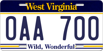 WV license plate OAA700