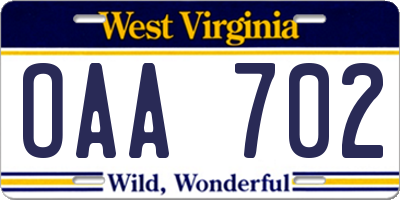 WV license plate OAA702